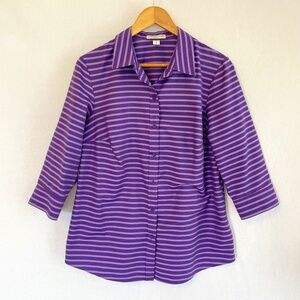 Coldwater Creek Size XL US 16 No Iron Purple Striped Button Front Blouse